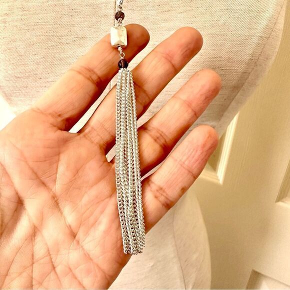 Silver tone double chain  tassel necklace - Picture 2 of 12